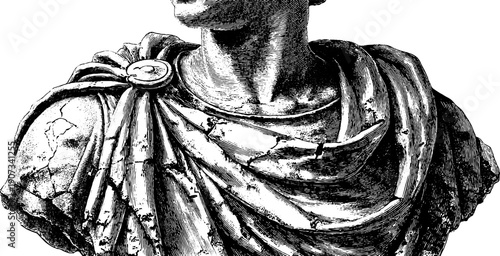 Vintage sketch of cracked statue torso with botanical elements for design