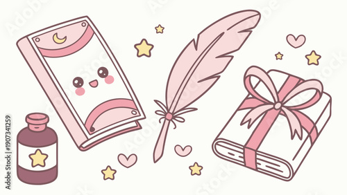 Cute Kawaii Pink Stationery Set with Magic Book Quill Ink and Gift for Journaling or Sweet Blog Design