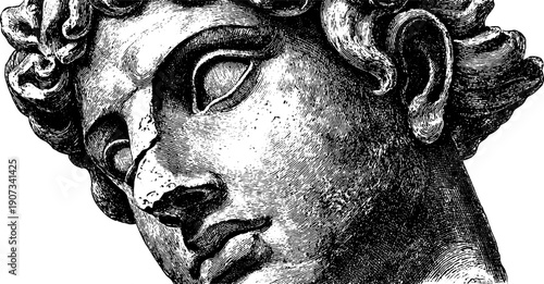 Vintage engraving of a statue head fragment with botanical elements