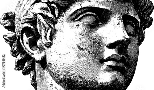 Timeless calm statue head with botanical elements in vintage engraving - design for print and poster