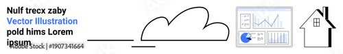 Cloud with line, chart panel, and house representing cloud computing, data analysis, connectivity, real estate, innovation. Ideal for tech, analytics cloud services real estate finance startups