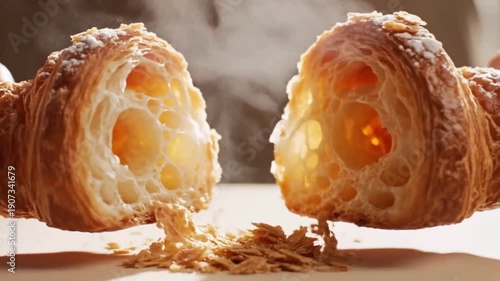 Hands Tearing Open a Fresh Hot Croissant with Steam and Flaky Golden Texture