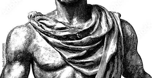 Classic stone statue with vintage botanical engraving sketch for design