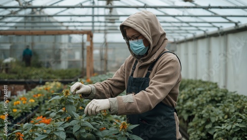 Worker Tends to Flowers Inside a Greenhouse While Wearing a Mask and Gloves D...