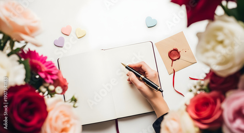 Wallpaper Mural A hand writes a romantic message in an open notebook, framed by vibrant roses, scattered hearts, and a small sealed letter. Torontodigital.ca
