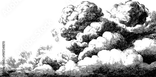 Dramatic storm clouds in vintage botanical engraving style for atmospheric design