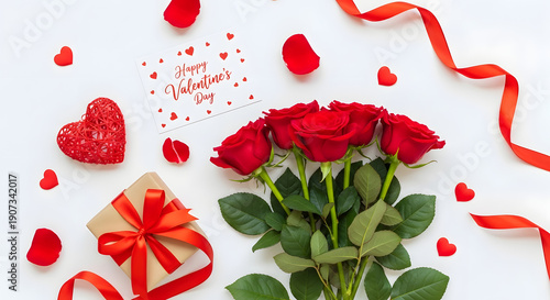 Wallpaper Mural A charming flat lay for Valentine's Day showcases a bouquet of red roses, a thoughtful gift box, a festive card, and scattered heart decorations. Torontodigital.ca