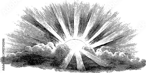 Vintage botanical engraving of sun rays emanating from clouds in linear emission style