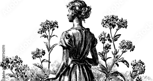 Vintage botanical allegory of summer in calm standing pose - retro hand-drawn engraving for design