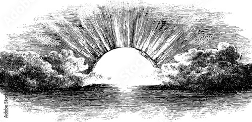Vintage botanical engraving of sun rising over horizon - ideal for retro design