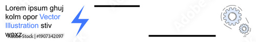 Innovation, engineering, power generation, technology operations, energy production, workflow management. Blue lightning bolt with gray cogwheels. Innovation and engineering symbol concepts