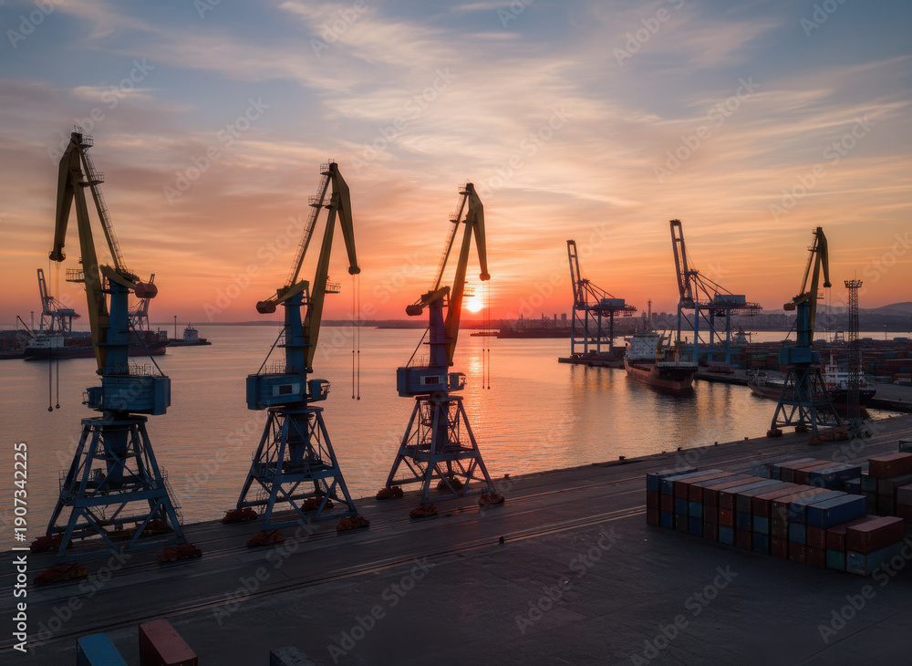 Obraz premium Vibrant sunset above the harbor and towering cranes in Varna, Bulgaria