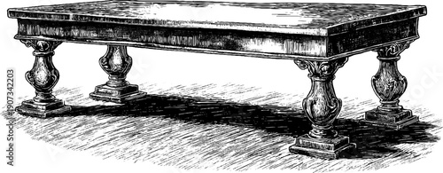 Vintage botanical engraving of a symmetrical wooden table