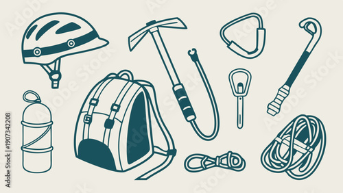 Climbing Gear Icons for Adventure Travel Web Design Mountaineering Safety Equipment Illustration for Outdoor Sports Guides