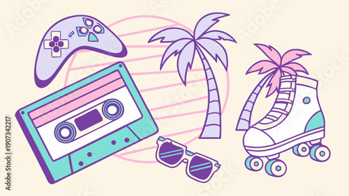 Retro 80s 90s Nostalgia Summer Vacation Icons Cassette Game Controller Roller Skate for Web Design Promotion
