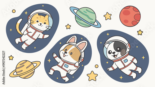 Cute Cartoon Pets Astronauts Floating in Space with Planets Fun Kids Illustration for Nursery Decor Web Design