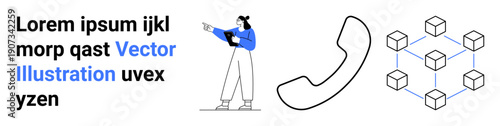 Woman gesturing with files, telephone handset, interconnected cubes representing networking. Ideal for communication, teamwork, technology, networking, business strategy, connectivity and a simple
