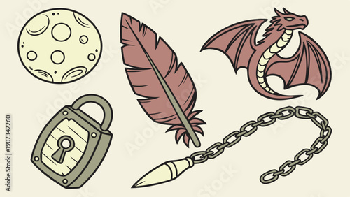 Fantasy Adventure Game Icons Set Dragon Moon Lock Feather Chain for Storytelling Design Projects