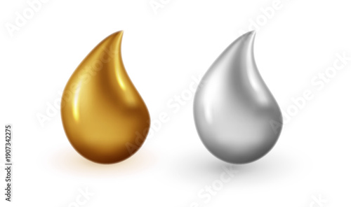 Glossy gold and silver liquid droplet with smooth reflective texture PNG. 3D realistic oil blob suitable for skincare serum, argan essence, honey or fuel product visuals