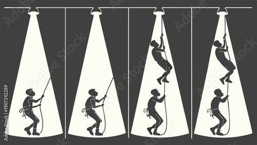 Silhouette of Person Climbing Rope Under Spotlight Demonstrating Career Growth Achievement and Success