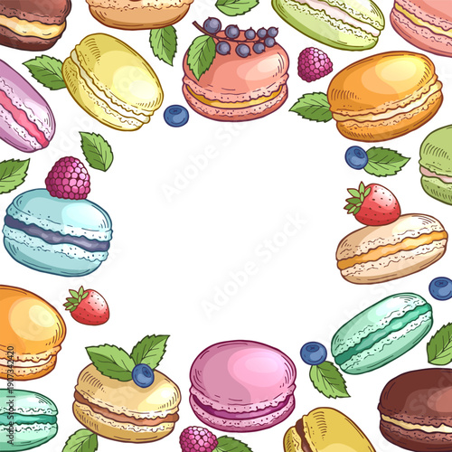 Sweet macarons background. Pastry frame color drawing