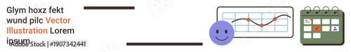 Business performance, data tracking, workflow planning, productivity, time management, scheduling. happy face, trend graph with arrows and calendar icon. Business performance and data tracking
