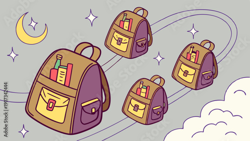 Four Backpacks with Books and Bottles Flying Through Night Sky for Education Travel Planning Adventure
