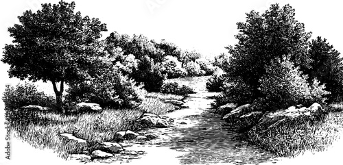 Vintage botanical engraving of time passage and erosion in nature landscape