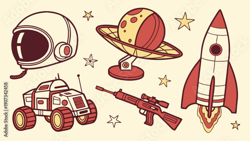 Retro Space Exploration Icons Rocket Astronaut Rover Planet Set for Kids Game Design or Vintage Sci Fi Web Graphics