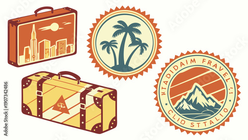 Vintage Travel Luggage and Retro Vacation Badges for Tourism Web Design Adventure Branding Summer Holiday Posters