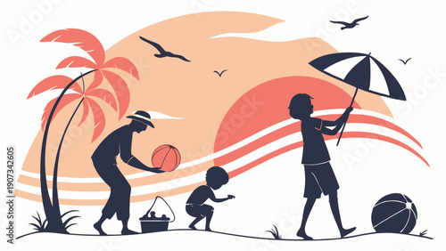 Family Beach Vacation Silhouette at Sunset Fun Summer Holiday Travel Background Illustration for Tourism Promotion