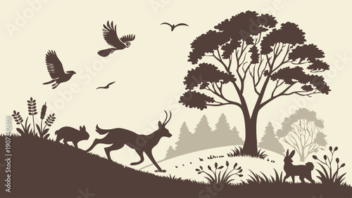 Wildlife Silhouette Migration Scene Deer Rabbit Birds Flying Over Hillside Nature Landscape Illustration For Ecology Projects