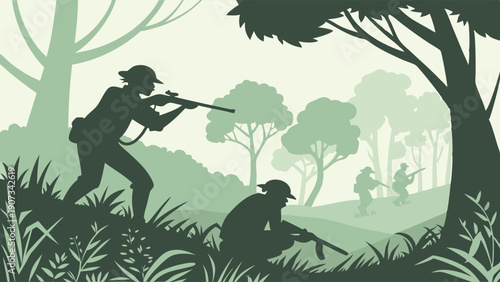 Jungle Warfare Soldiers Silhouettes Advancing Through Dense Foliage for Military History or Survival Web Design
