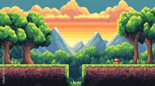 Pixel art sunset landscape with mountains and trees.