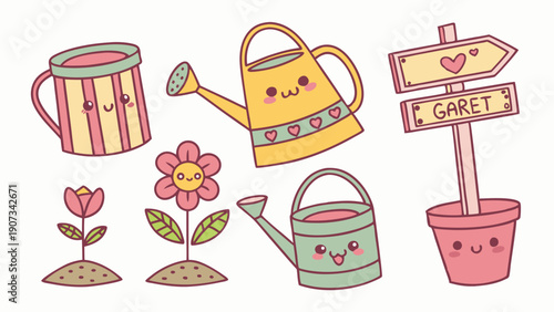 Cute Kawaii Gardening Tools and Flowers Illustration for Spring Nursery Decor Web Design or Kids Craft Projects