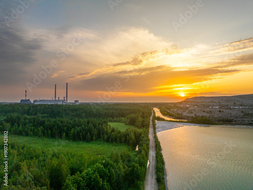 Canvas Print Aerial sunset view of Auvere Power Plant Settlement Basin in Ida-Viru County, Estonia