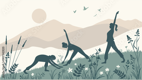 Silhouettes of Women Practicing Yoga Poses Outdoors at Sunrise for Wellness Website Banners and Health App Graphics