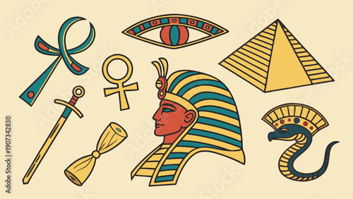 Ancient Egyptian Icons Set Pharaoh Pyramid Ankh Eye of Horus Design for History Education Travel Web Graphics