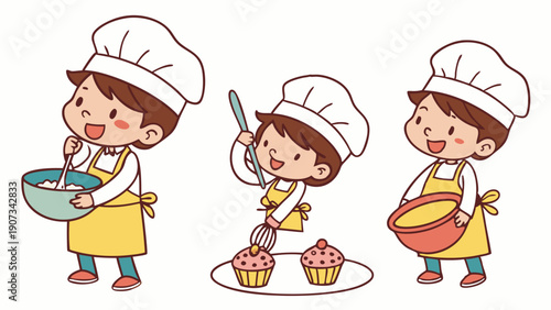 Happy Child Chef Baking Cupcakes Mixing Ingredients for Bakery Website Design or Children Cooking Class Promotion