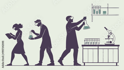 Focused Scientists Conducting Laboratory Research Mixing Chemicals with Microscope for Medical Discovery and Academic Study Illustration