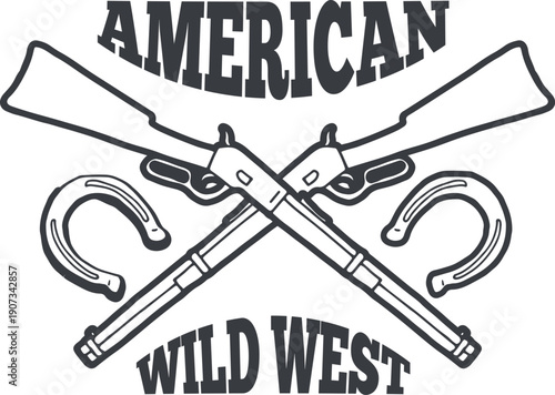 American wild west logo with crossed guns. Vintage sign