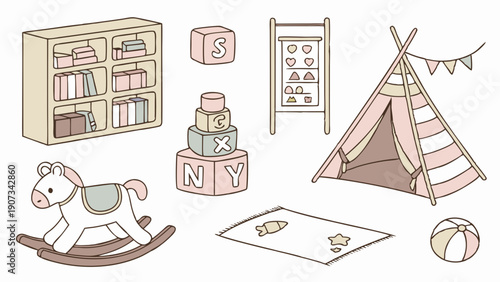 Pastel Nursery Playroom Objects Set Rocking Horse Blocks Tent for Childrens Room Decor Web Design