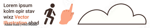 Communication, navigation, digital apps, education, weather updates, user interface design. A walking person icon, pointing hand simple cloud shape and placeholder text. Communication