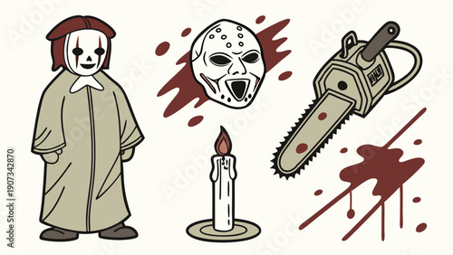 Horror Icon Set Spooky Clown Mask Chainsaw Candle Blood Splatter for Halloween Design Projects