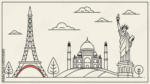 Global Travel Landmark Outline Icons for Tourism Web Design Vacation Planning and International Adventure Brochures