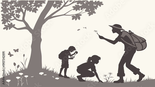 Outdoor Family Field Trip Silhouette Exploring Nature with Magnifying Glass for Science Education and Summer Adventure Activities