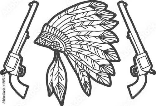 Old western emblem. Native american headdress with cowboy guns