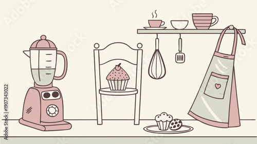 Charming Kitchen Baking Scene with Blender Cupcakes and Apron for Home Cooking Blog Design or Cafe Promotion