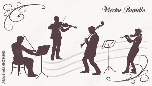 Classical Music Quartet Silhouette Performance for Concert Promotion Elegant Vector Bundle Design for Event Flyers