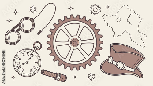 Steampunk Gear Map Goggles Pocket Watch Design Elements for Adventure Game UI or Victorian Themed Website Graphics